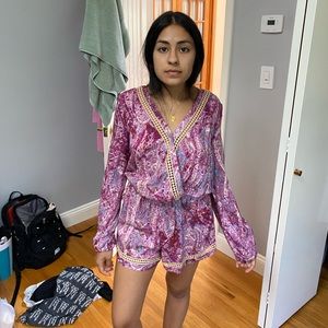 Multicolor romper with crochet detailing on chest